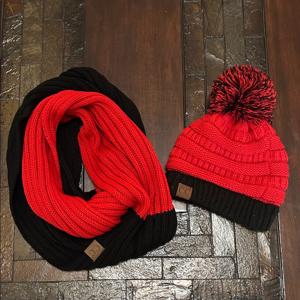 CC Beanie Red and Black Pom Pom and Infinity Scarf